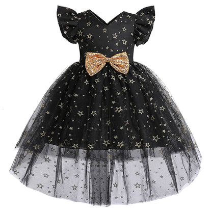 Kids' fashion off-shoulder princess gown with delicate stars, perfect for birthday parties.