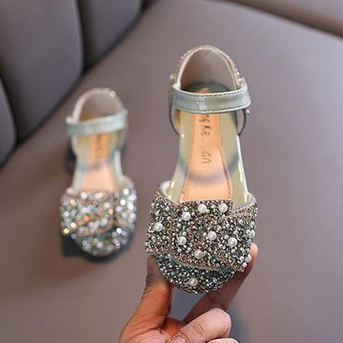 Girls' pearl rhinestone open side princess shoes, sparkly pink party dress shoes for toddlers