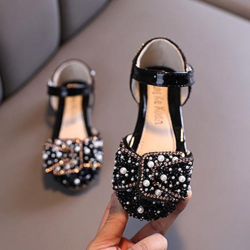 Toddler girls' sparkly princess shoes with elegant pearl and rhinestone details, open side design