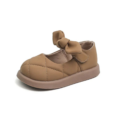 Side view of pink PU leather Mary Janes for girls, flat and comfortable design for active toddlers