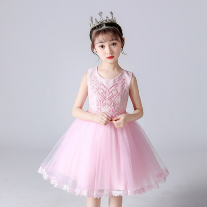 Girls pink butterfly pearl rhinestone lace princess party dress, ideal for toddlers & kids special occasions.