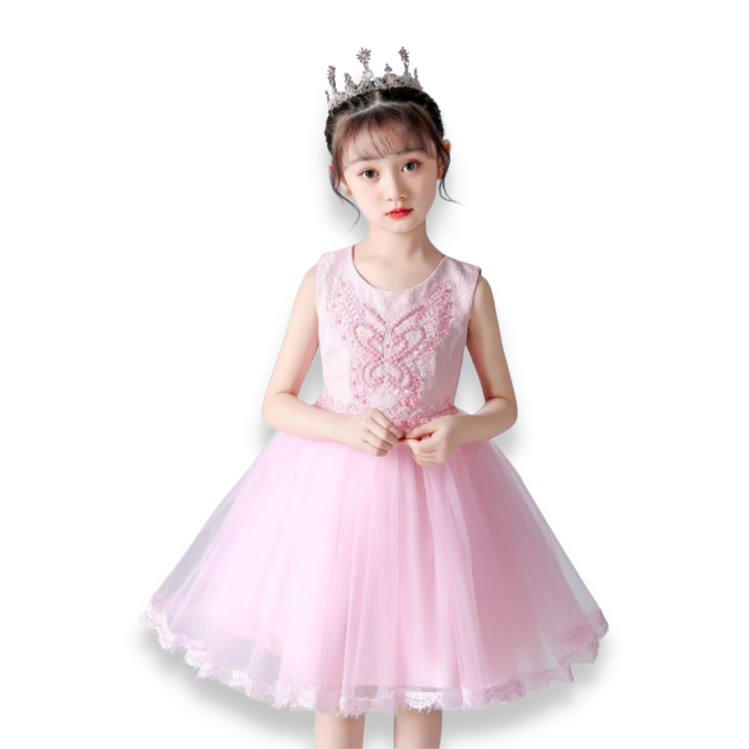 Back view of a girls butterfly sequin lace princess party dress with a large bow, perfect for formal wear.