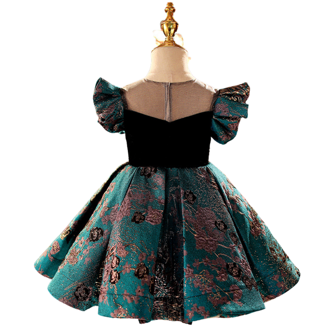 Close-up of girls' butterfly sleeve princess ball gown, intricate detail, kids party wear