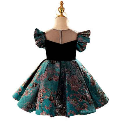 Close-up of girls' butterfly sleeve princess ball gown, intricate detail, kids party wear