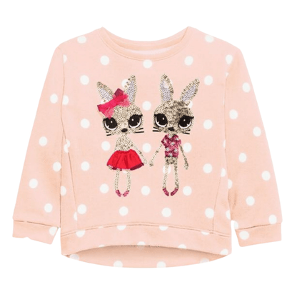Girls' pink cotton crewneck sweater with cute bunny applique, toddler fall fashion