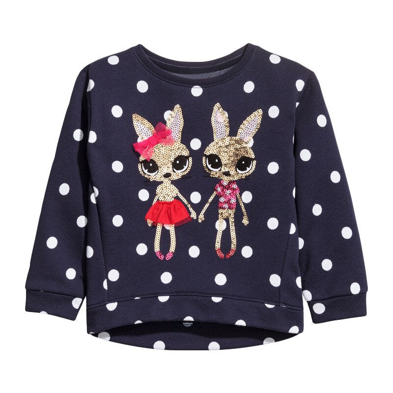 Toddler girl's knitted cotton sweater with playful bunny friend applique, winter top