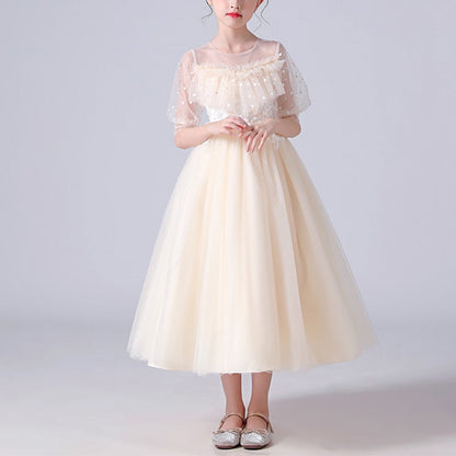 Girls pink dotted tulle ruffle sequin party dress with lantern sleeves, perfect for special occasions