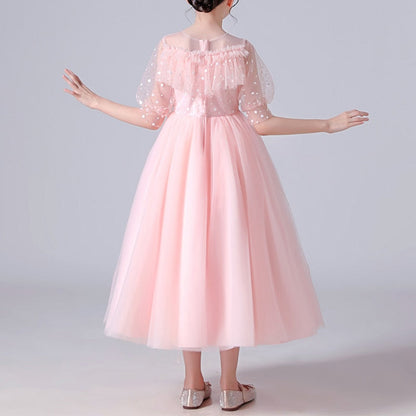Girls' lace and dotted tulle party dress with charming ruffles and sequin embellishments for celebrations