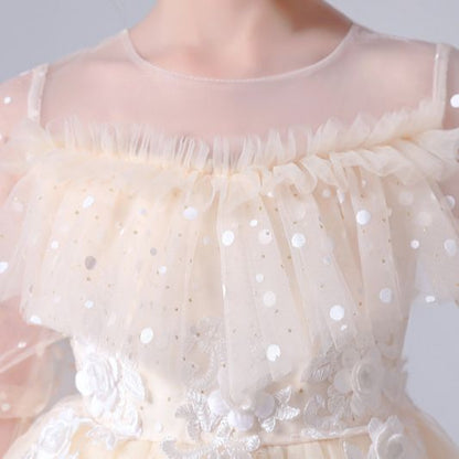 Full view of a girls' special occasion dotted tulle ruffle sequin dress, ideal for parties