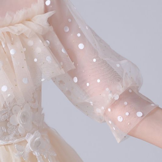 Stylish girls' floral applique dotted tulle party dress with ruffles and sequins, a festive outfit