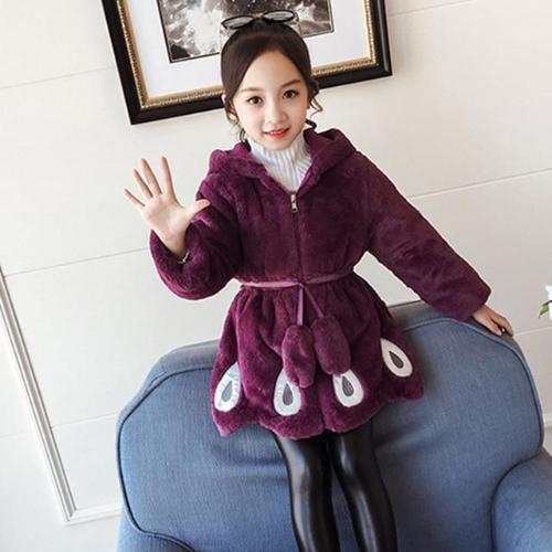 Girls pink faux fur hooded winter coat, cozy & stylish for toddlers, belted design