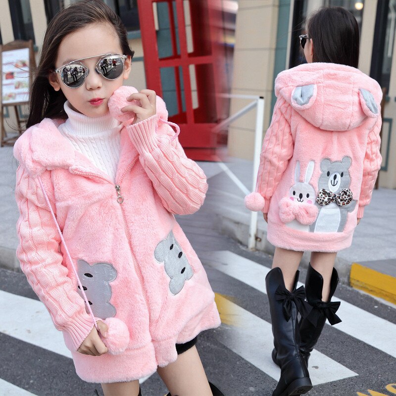 Full view of a girls' pink belted winter coat with faux fur hood, stylish kids' jacket