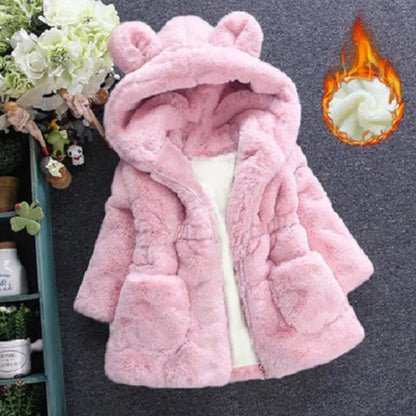 Girls' pink faux fur hooded winter coat, warm toddler outerwear for cold weather