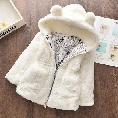 Red hooded winter jacket for toddlers, with plush faux fur for extra warmth