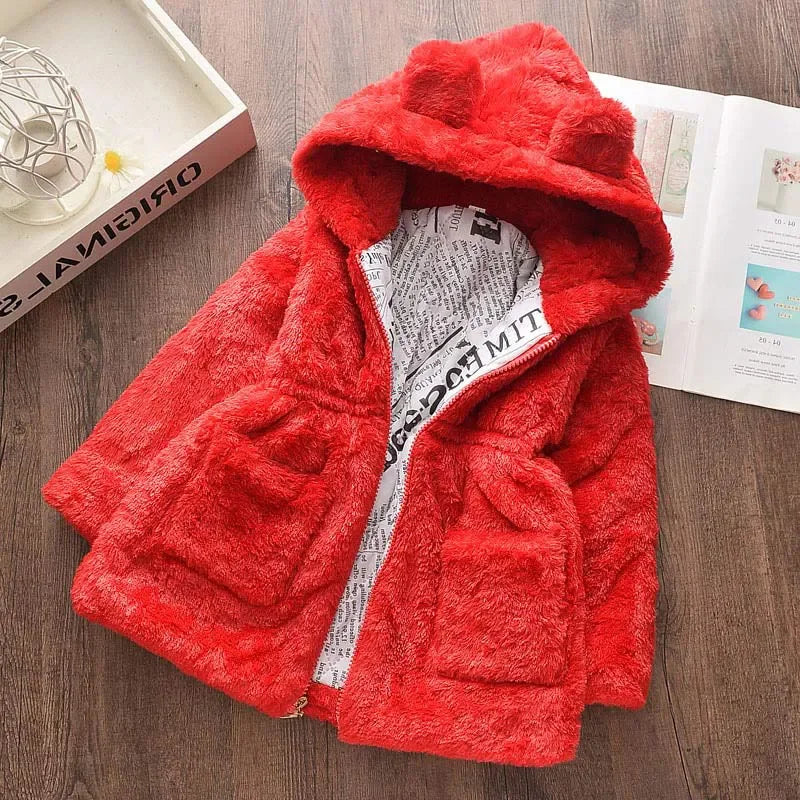 White girls' faux fur hooded coat, perfect for winter fashion and outdoor play