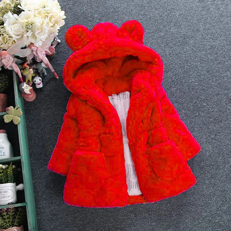White faux fur hooded jacket for girls, stylish toddler winter outerwear
