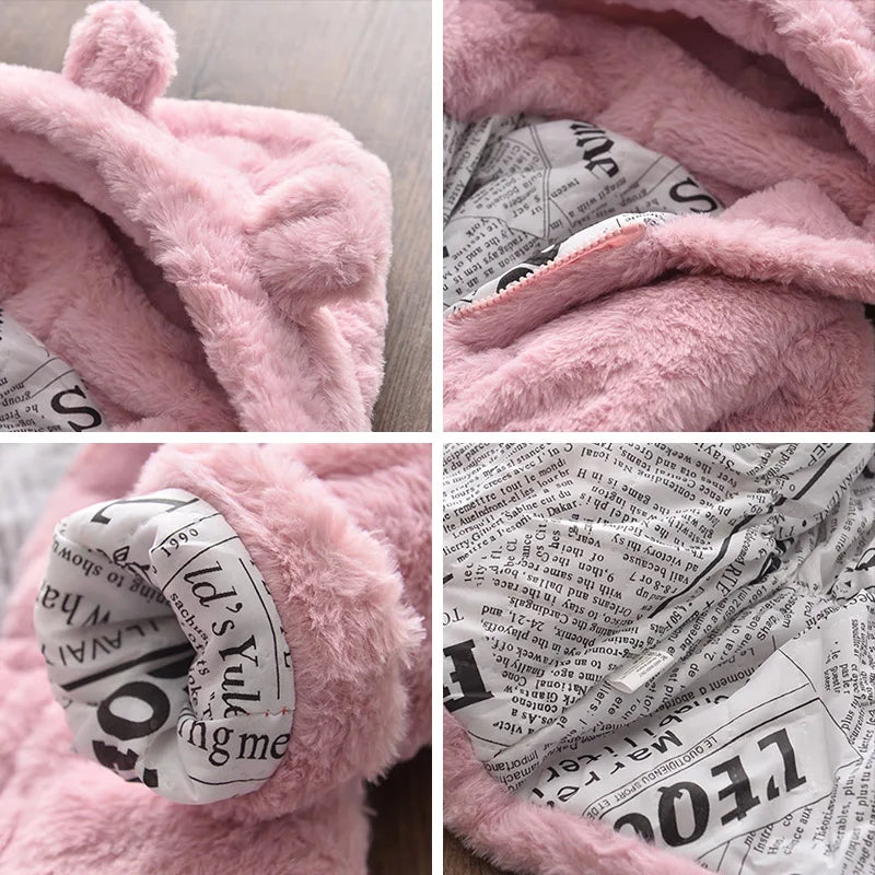Girls' warm winter coat in light pink, hooded design with faux fur trim