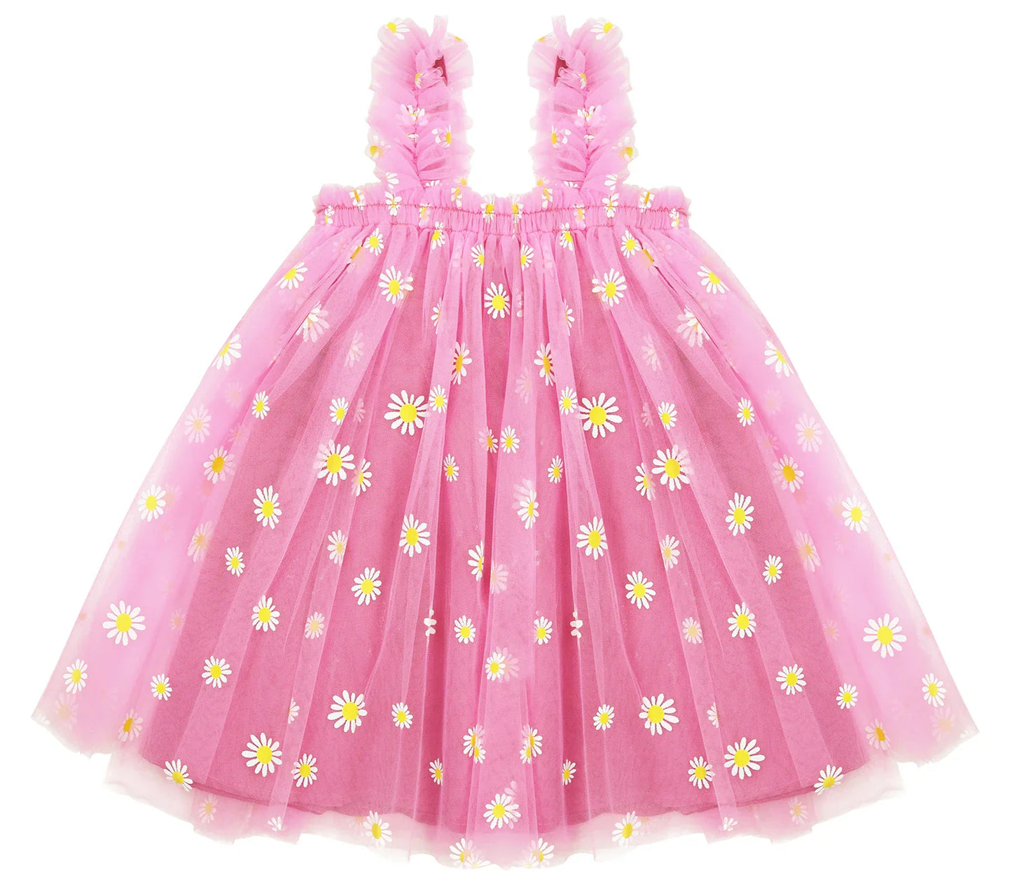 Close-up of the delicate tulle layers and floral pattern on a girls dress