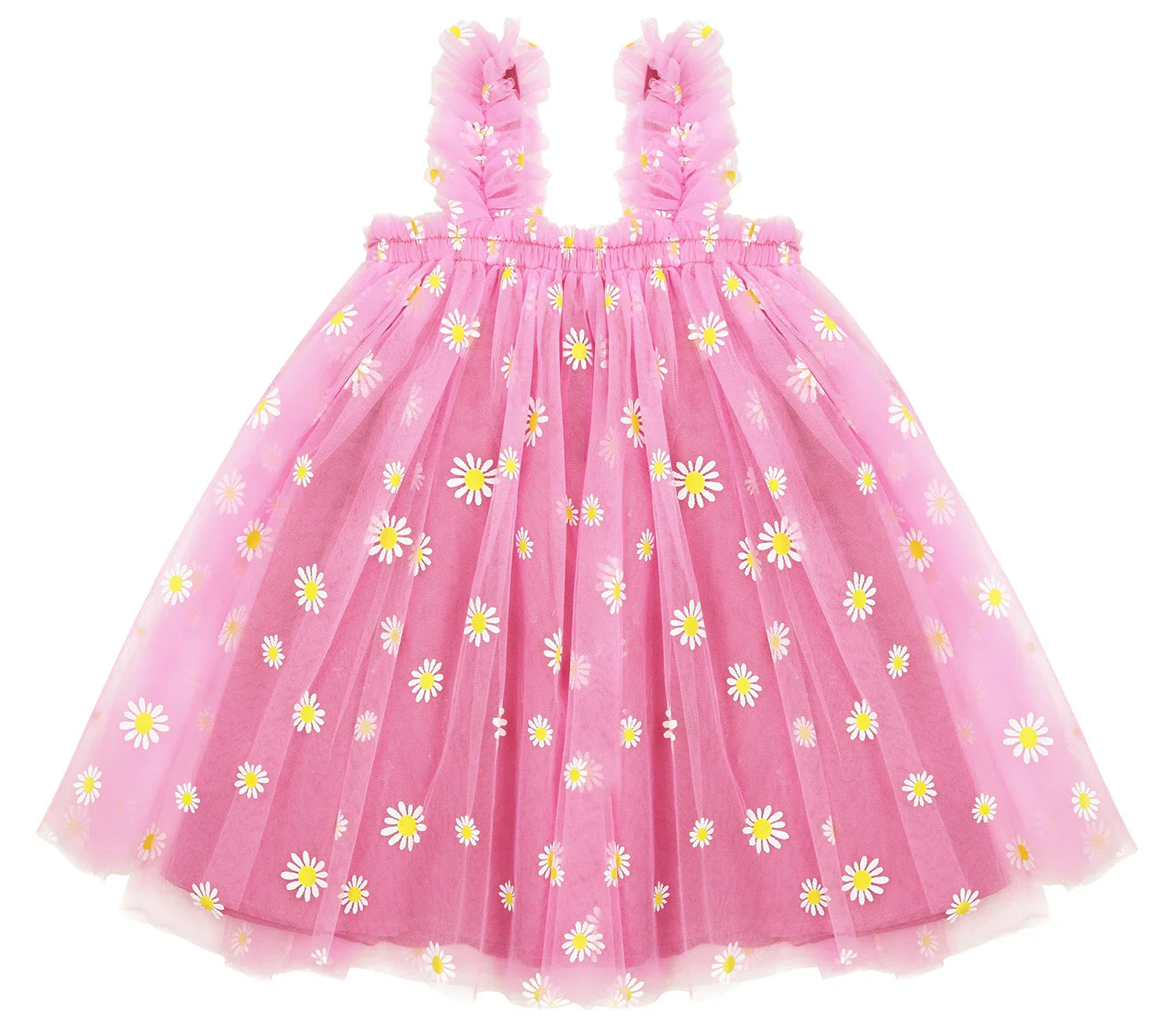 Close-up of the delicate tulle layers and floral pattern on a girls dress