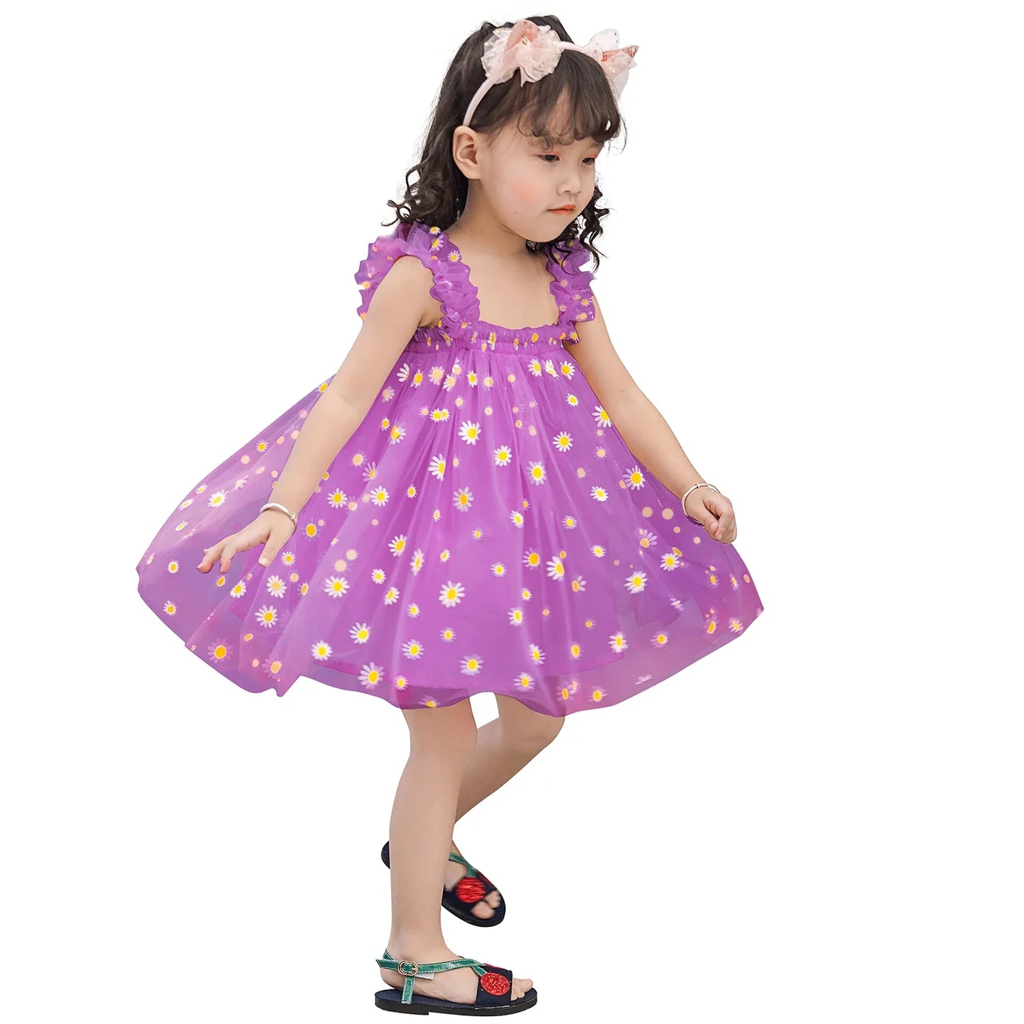Front view of a girls' sleeveless floral formal dress with an A-line tulle skirt