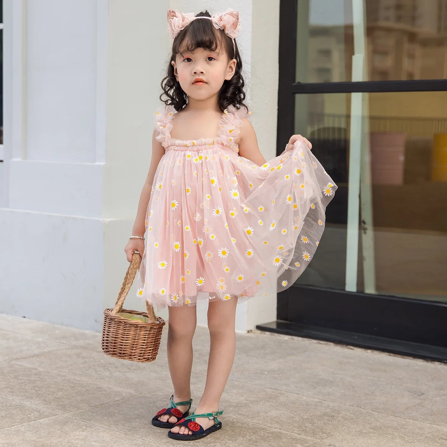 Back view of girls floral birthday dress with bow and zipper closure