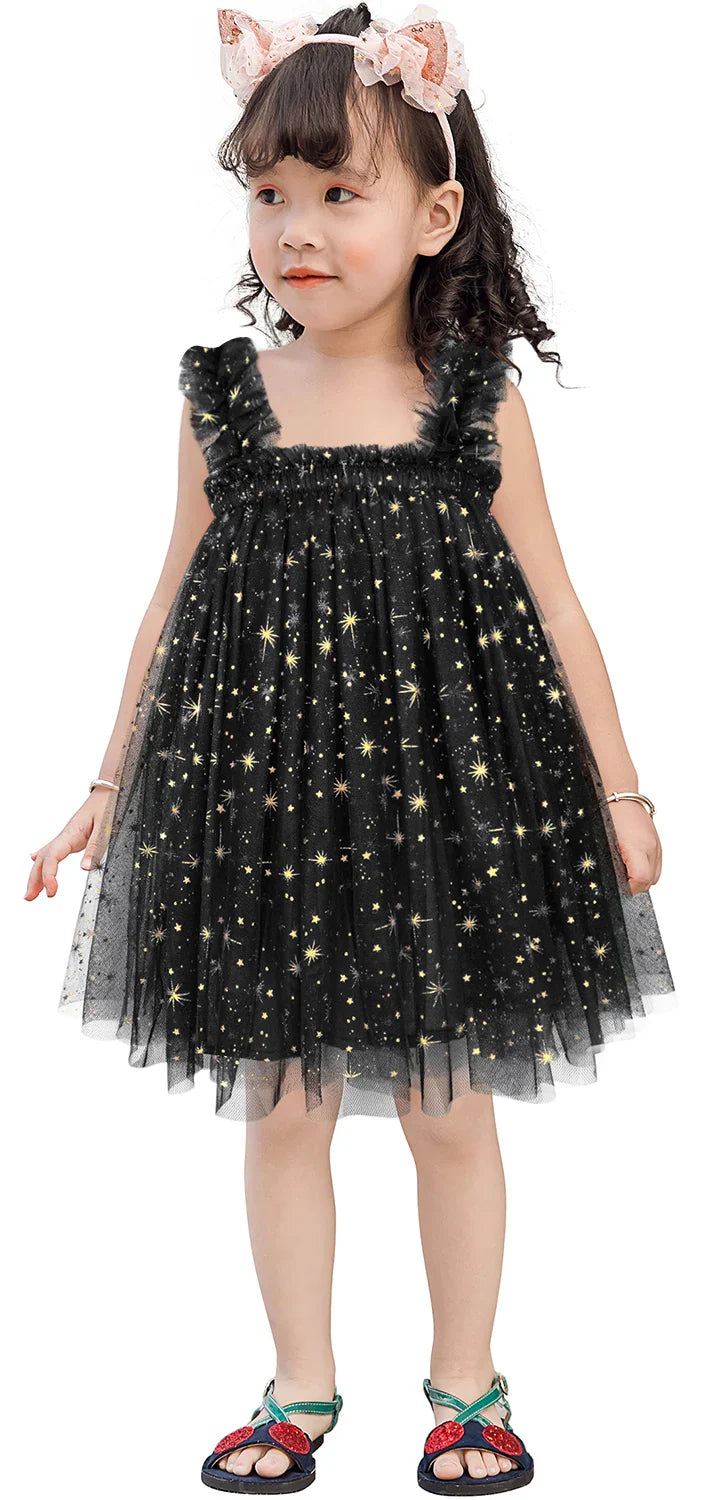 Side profile of a young girl wearing an elegant floral birthday tulle dress