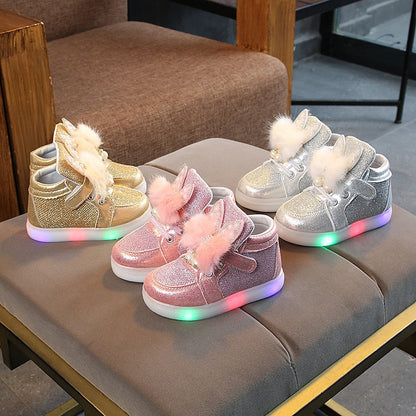 Girls' pink furry rabbit ear LED light-up shoes, perfect for toddlers and children's playful footwear
