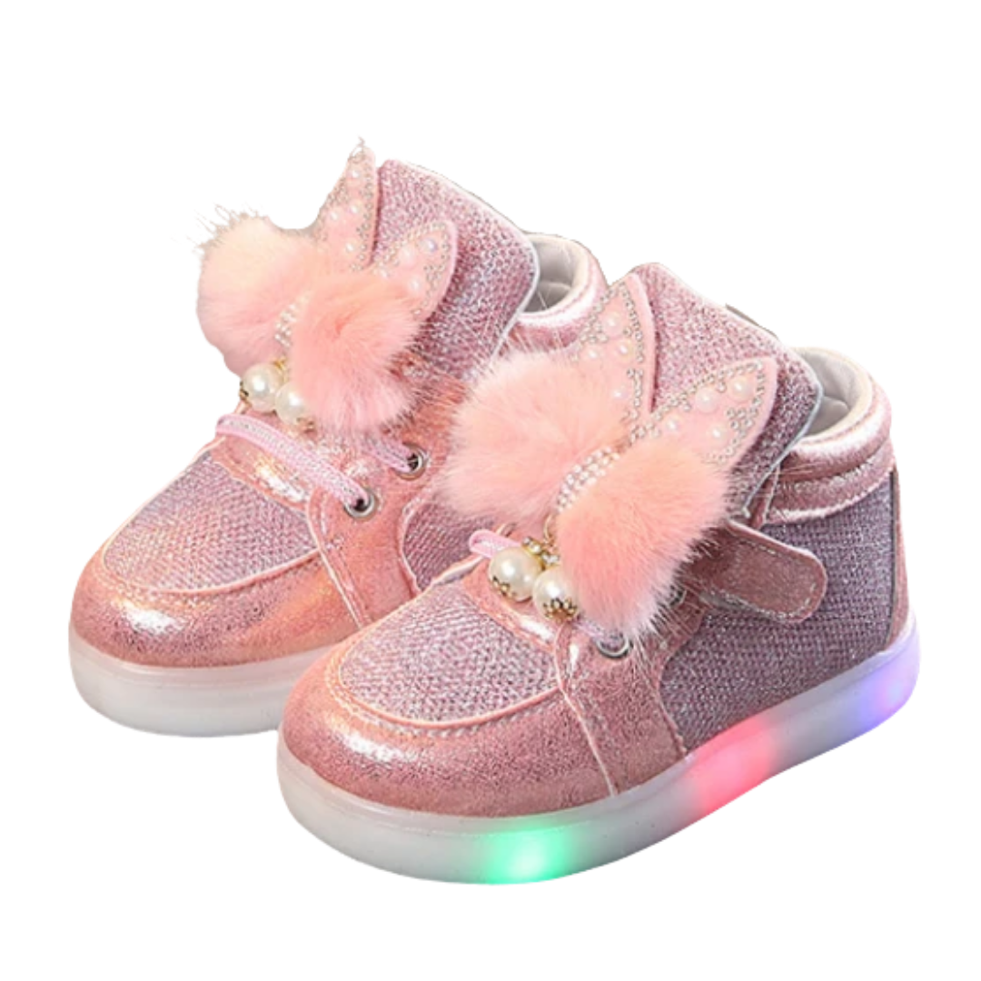 Gold metallic girls' rabbit ear light-up shoes with LED soles, comfortable and stylish for toddlers