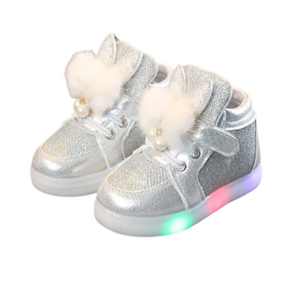 Silver sparkly girls' furry rabbit ear LED shoes, ideal comfortable play shoes for children