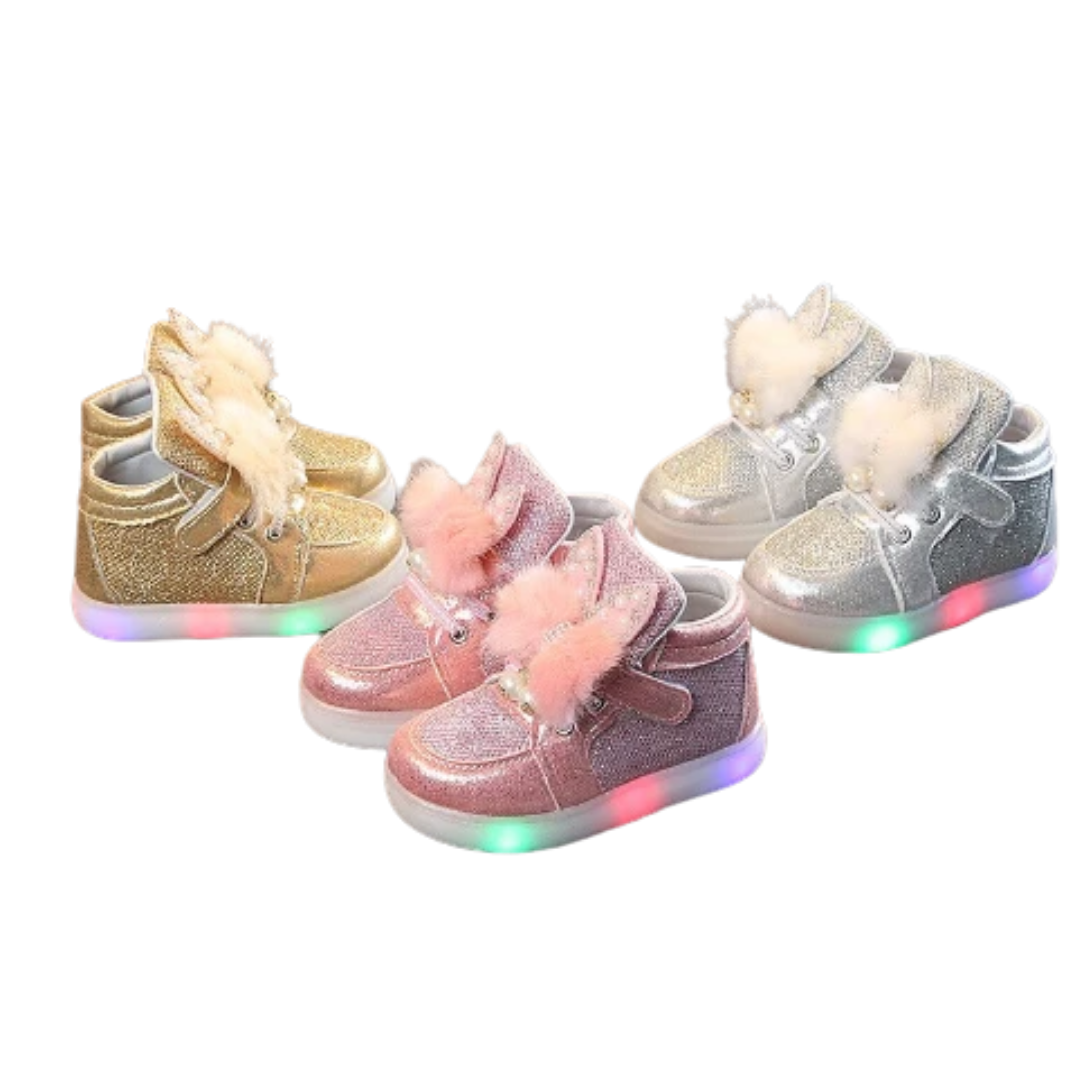 Two pairs of girls' LED light-up shoes: pink furry rabbit ear and gold metallic, fun children's footwear