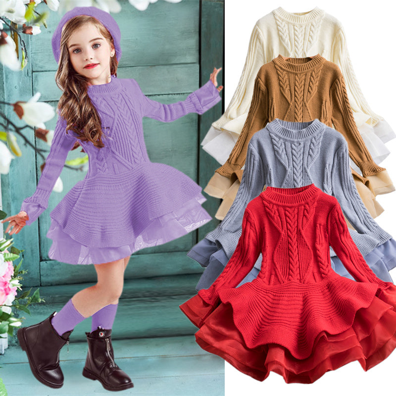 Girls' pink knitted flare princess dress with long sleeves, perfect for a cozy winter party
