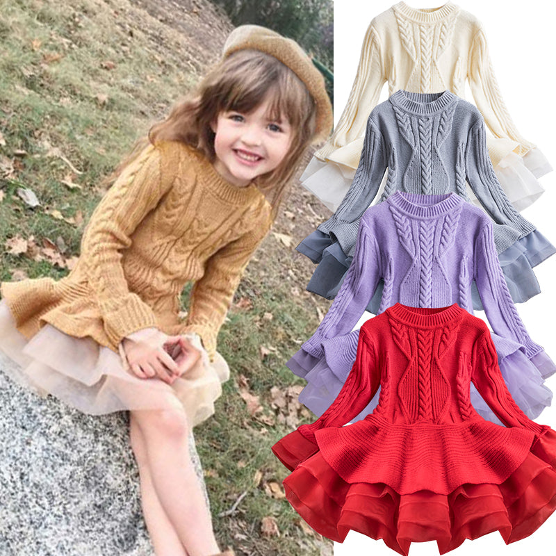 Close-up of girls' knitted flare princess dress, showing soft cotton texture and tutu skirt detail