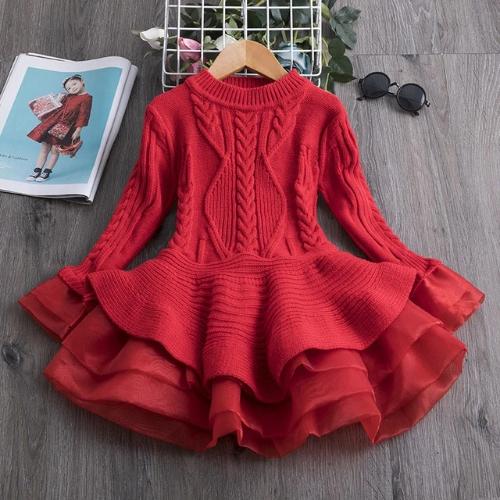 Toddler girl wearing a comfortable long sleeve knitted flare princess dress, ideal for holiday parties