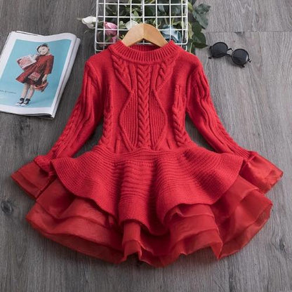 Toddler girl wearing a comfortable long sleeve knitted flare princess dress, ideal for holiday parties