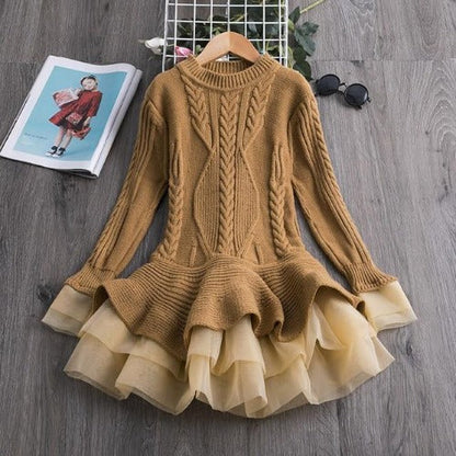 Infant girl in a cozy knitted flare dress, a beautiful long sleeve princess outfit for special occasions