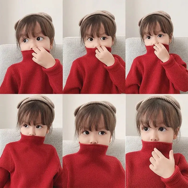 A collection of girls' knitted turtleneck sweaters in various colors, showcasing versatile winter apparel