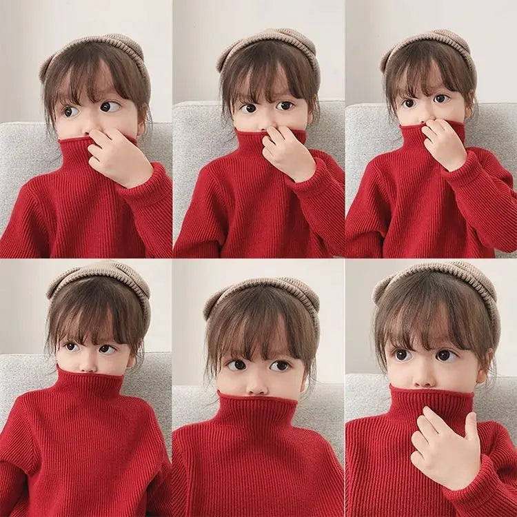 Close-up of a girls' cream knitted turtleneck sweater, cozy textured fabric, ideal for fall and winter