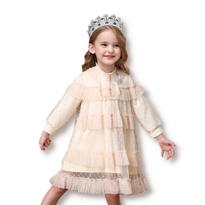 Back view of a cute girls' puff sleeve princess dress with layered lace skirt and bow accent.
