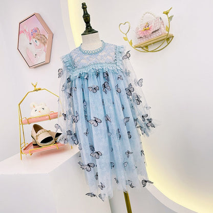 Girls' red puff sleeve princess dress with intricate lace layers, ideal for festive children's parties.