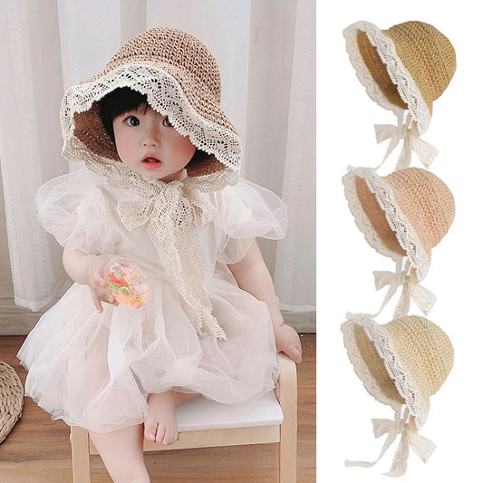Girls' pink lace straw sun hat, princess style, for toddlers 2-5Y, sun protection for summer beach