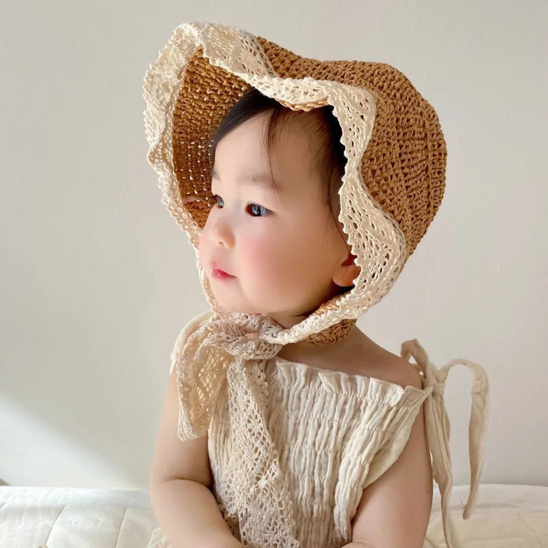 Girls' sun protection: khaki straw hat with beautiful lace, perfect for 2-5Y toddlers at the beach