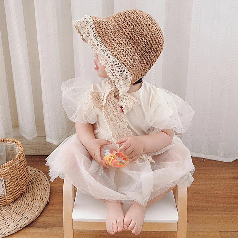 Toddler girl's khaki straw sun hat with delicate lace trim, summer princess beach accessory 2-5Y