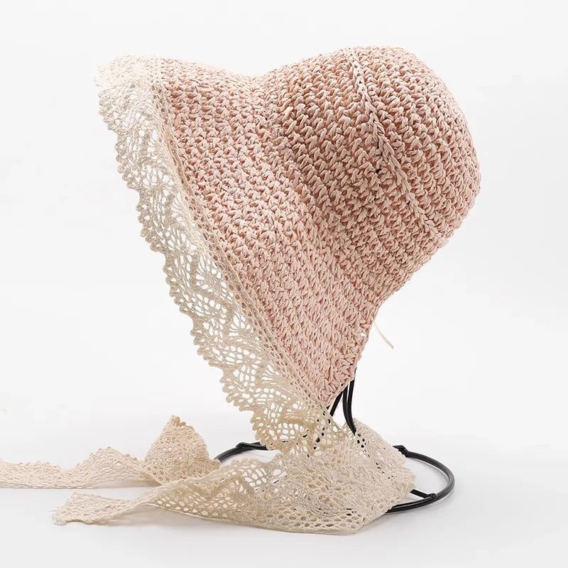 Adorable toddler girls' pink straw sun hat with flower lace, a cute and protective summer accessory