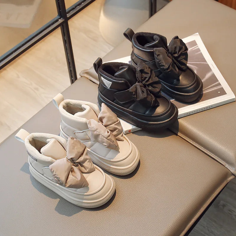 Girls' pink plush snow boots with butterfly knot, warm winter kids footwear