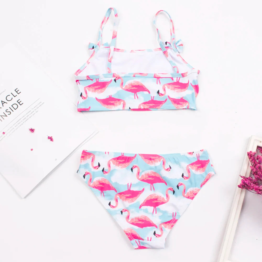 Girls' quick-dry bikini in a tropical flamingo print with a cute bow, children's beachwear
