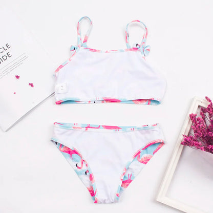 Comfortable girls' floral print bikini top with bow deco, designed for toddler swimming