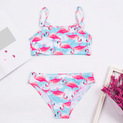 Full view of girls' flamingo print bikini set, two-piece quick-dry swimwear for children