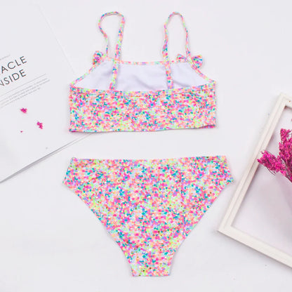 Girls' two-piece flower print swimsuit with charming bow, comfortable and quick-dry