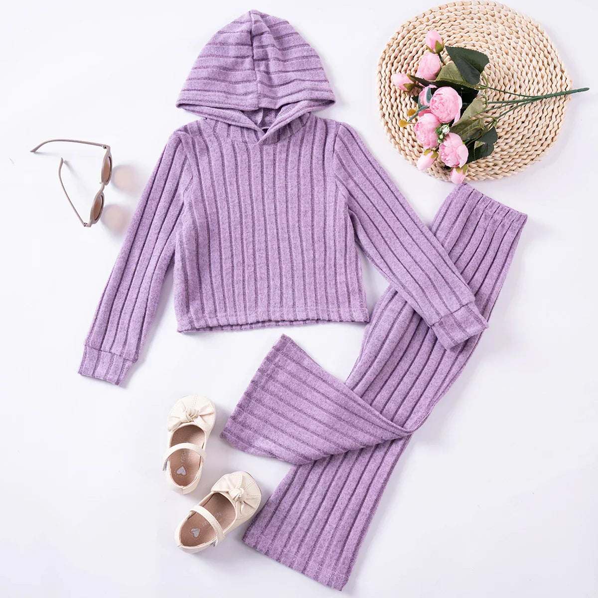 Toddler girls' polyester tracksuit, two-piece set, soft, warm, and cozy winter wear.