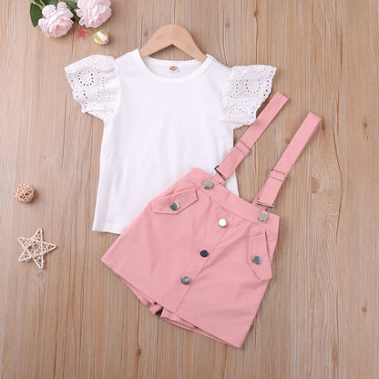 Girls' pink princess fashion shorts set with pullover top & comfy cotton blend shorts for summer playdates.